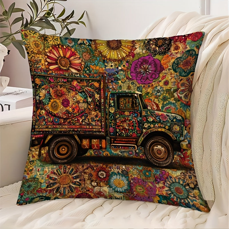 1pc Contemporary Pakistani Folk Art Truck Design Throw Pillow Cover, 45.72x45.72 cm, Machine Washable, Zipper Closure, Woven Polyester, Decorative Cushion Case for Sofa, Living Room, Bedroom, Office - No Insert