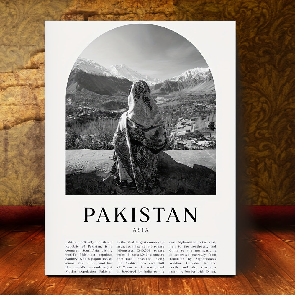 1pc Framed Pakistan Wall Art Print - Black & White Mountain Landscape with Traditional Woman, 29.97x39.88 cm Canvas Poster, Cultural Home Decor for Living Room, Office, or Classroom, Office Decoration, Minimalist Design, 2D F