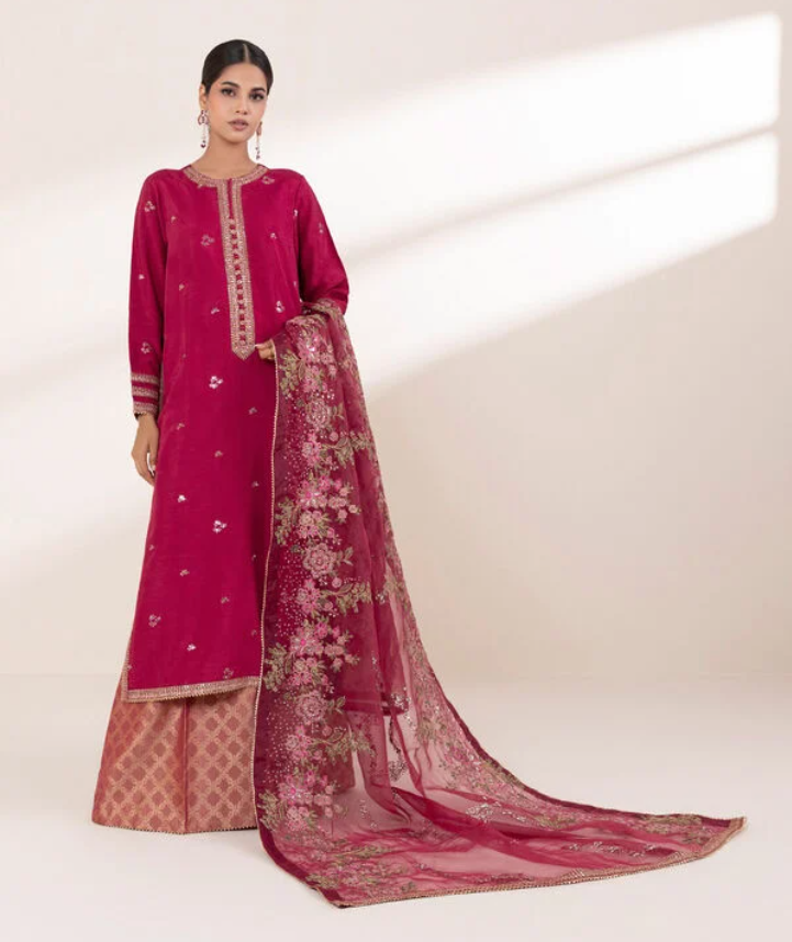 Sapphire: 3 Piece - Embroidered Raw Silk Suit (Ready to wear)