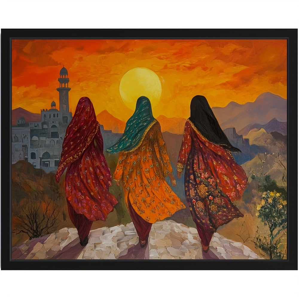 1pc Frameless Pakistan Poster Art Print - Middle Eastern Wall Art Painting with Vibrant Sunset Mountain Landscape, Traditional Women & Islamic Architecture, Cultural Home Decor for Bedroom, Living Room, Office, Islamic Home D