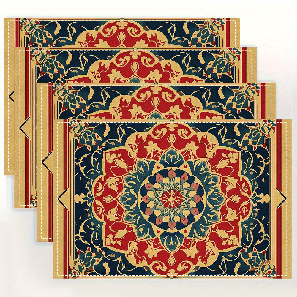 4pcs Traditional Pakistani Islamic Manuscript Design Linen Placemats, Rectangular Woven Table Mats, Decorative Medallion Pattern, Hand Wash Only, 30.48x45.72 cm - ZJPUI2AI0311