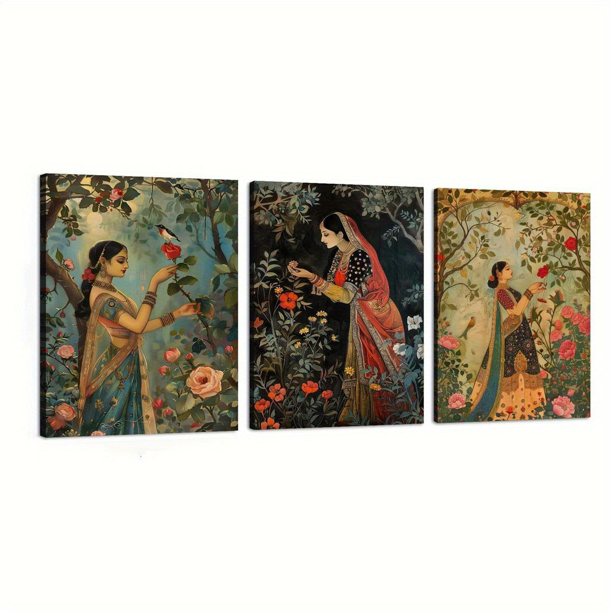 3pcs Mughal-Style Indian & Pakistani Traditional Art Prints - Regenerated Wood Framed Waterproof Canvas Wall Art, Vibrant Garden Scenes with Women, Cultural Home Decor for Bedroom, Living Room, Dorm - Unique Gift Idea, Indian