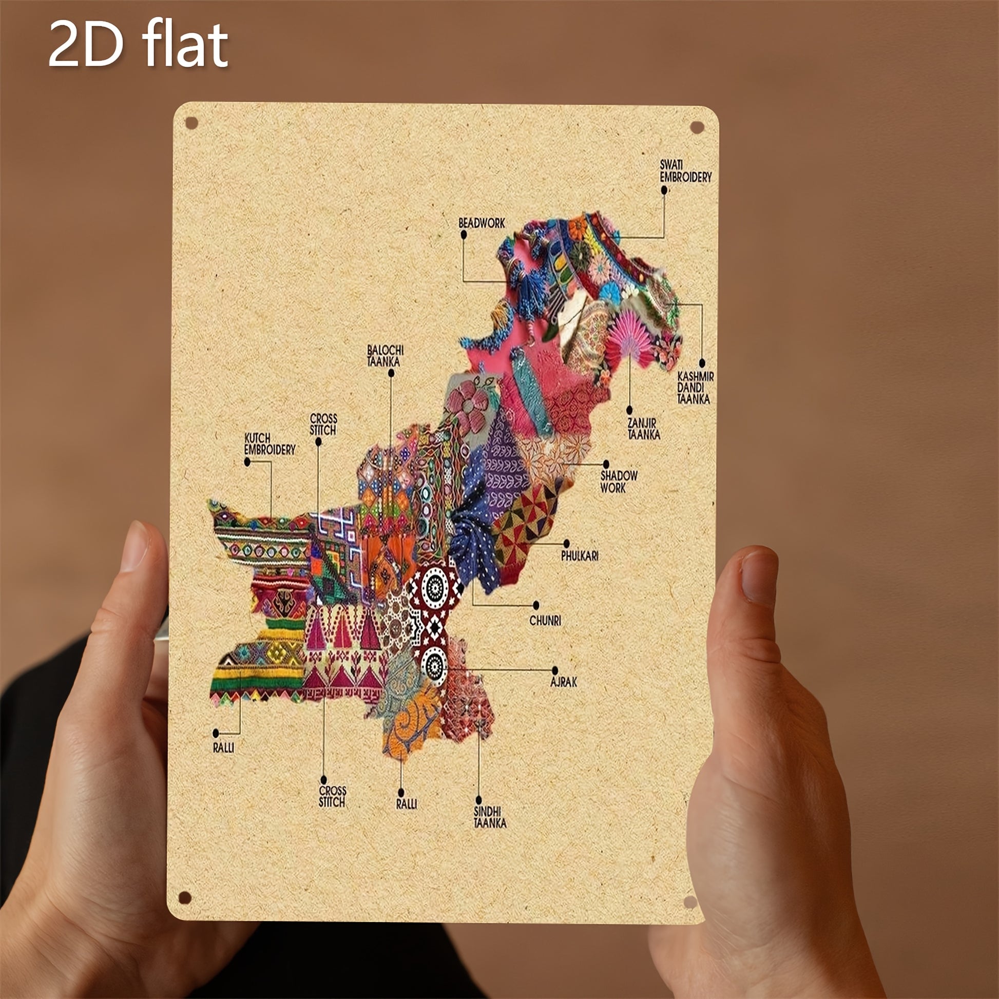 2D Flat, 1pc Pakistan Cultural Heritage Metal Wall Art - Handcrafted Colorful Embroidery with Traditional Motifs, Weatherproof Indoor/Outdoor Decor, 19.99x29.97 cm, Pre-Drilled Holes for Easy Installation, Perfect for Living