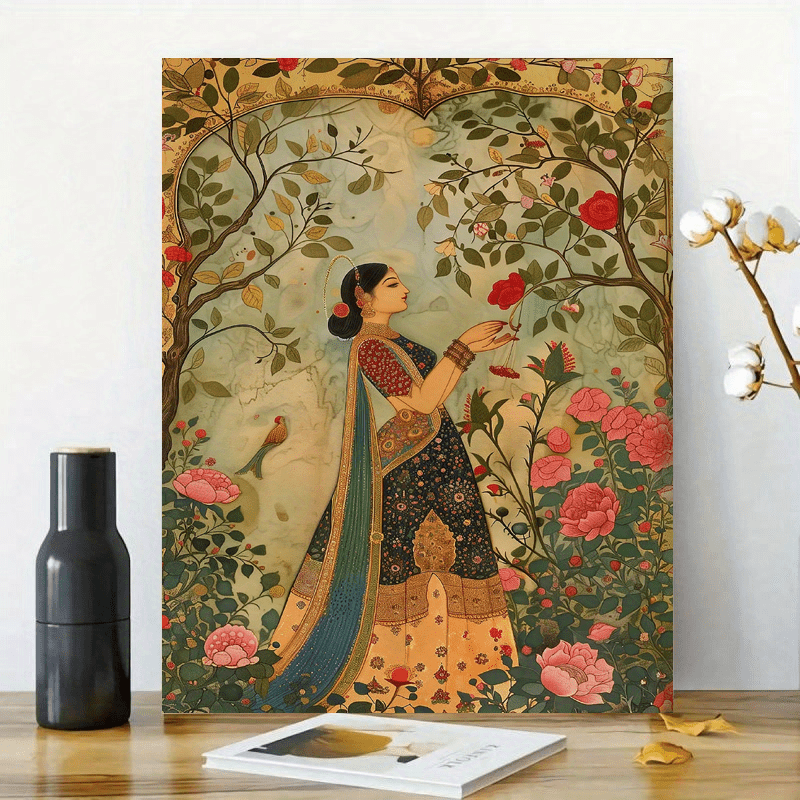 Elegant Lady in the Garden - Traditional Indian & Pakistani Art, Wooden Framed Canvas Print, 29.97x39.88 cm, Vibrant Floral Design, Perfect for Home Decor, Weddings, Graduations, and More, Home Decor Art | Traditional Indian