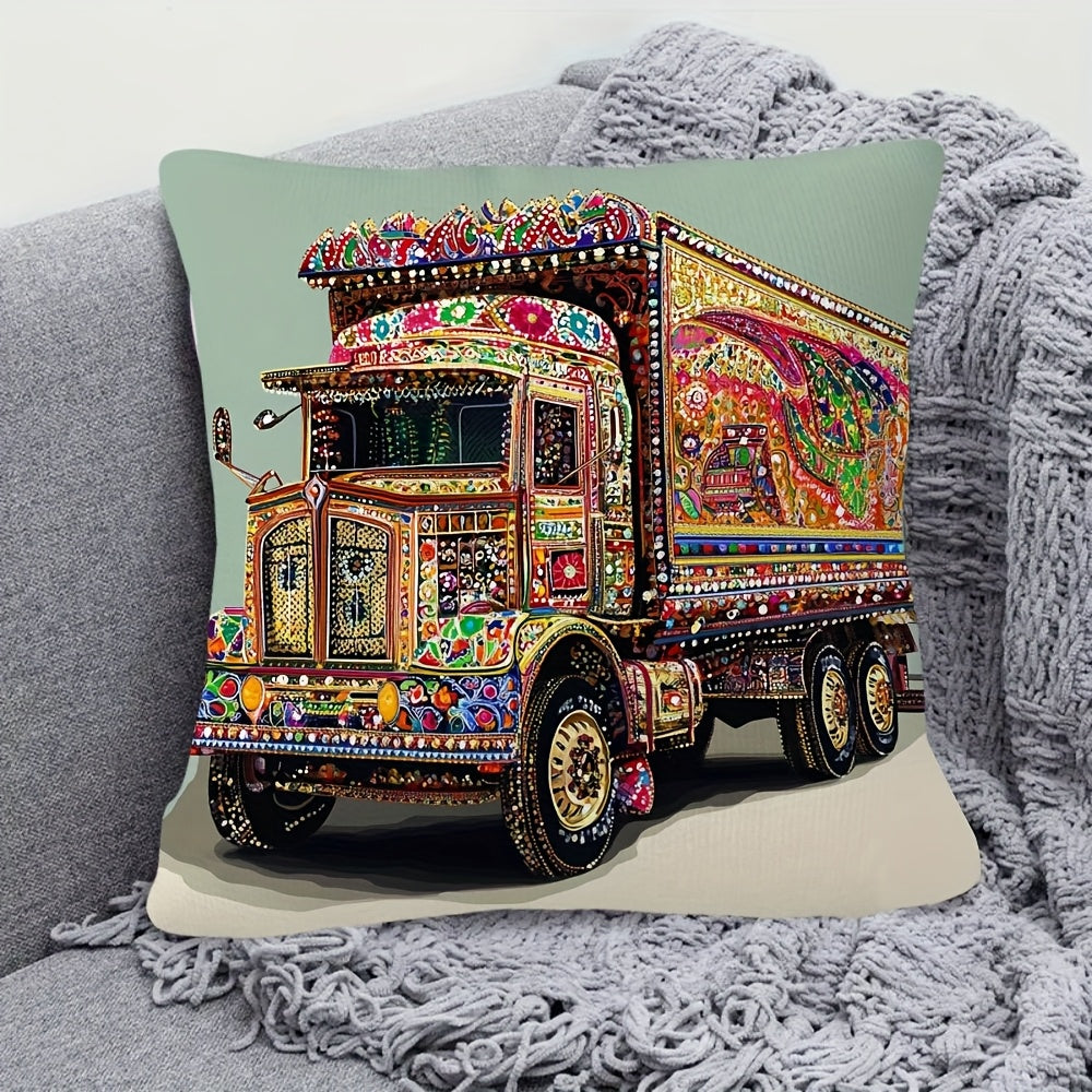 1pc Pakistani Truck Art Throw Pillow Cover - 45.72x45.72 cm Traditional South Asian Design, Vibrant Colors, Zipper Closure, Hand Wash Only, Short Plush Decorative Pillow Case for Sofa Living Room Bedroom Office Decor (No Inse