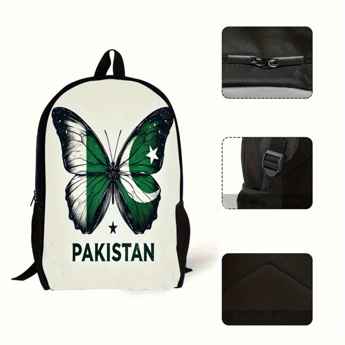 1pc Pakistani Wings Backpack - Lightweight Polyester, Adjustable Strap, Zipper Closure, Machine Washable - Stylish Green & White Butterfly Design with "PAKISTAN" Print, Ideal for School, Travel, or Everyday Use, Everyday Back