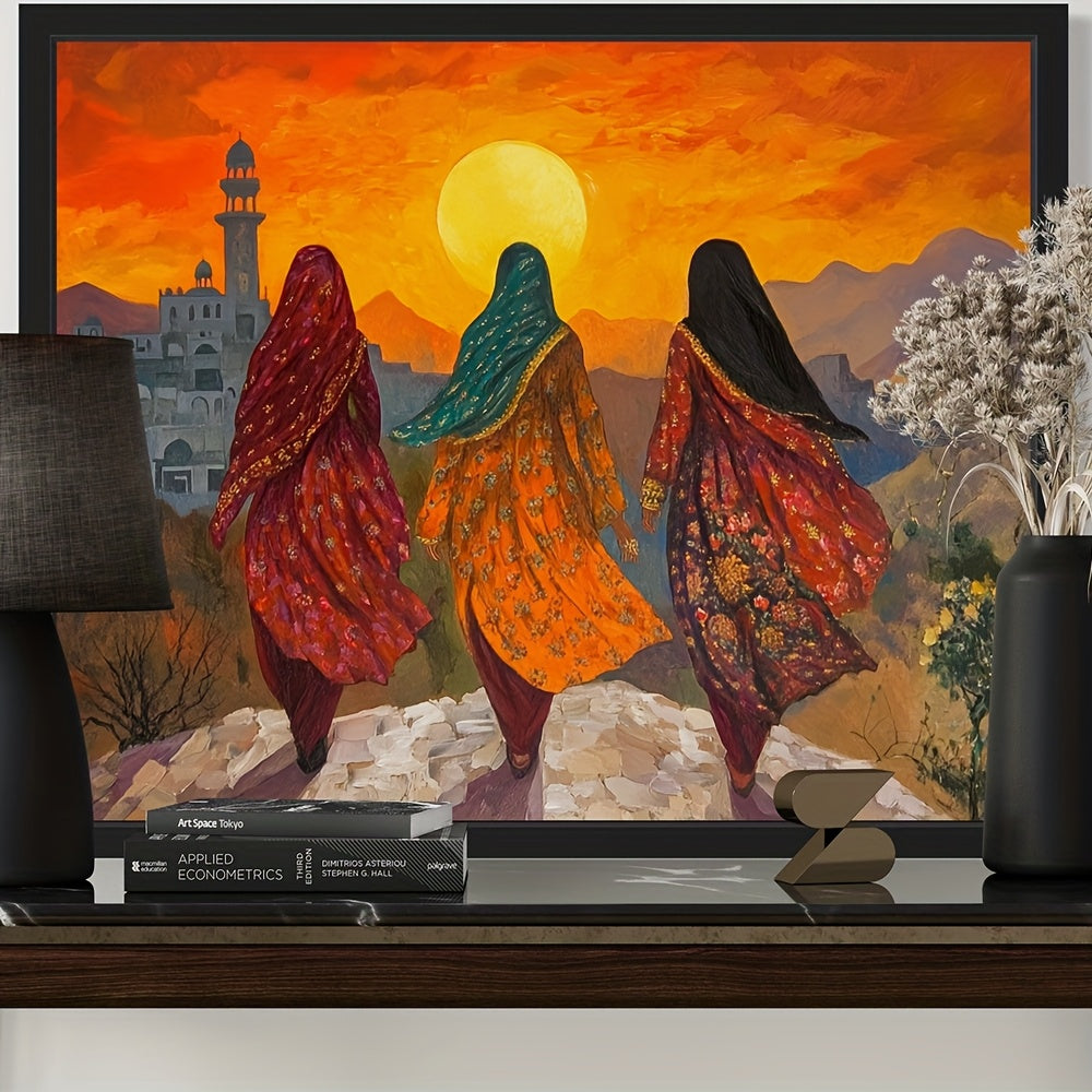 1pc Frameless Pakistan Poster Art Print - Middle Eastern Wall Art Painting with Vibrant Sunset Mountain Landscape, Traditional Women & Islamic Architecture, Cultural Home Decor for Bedroom, Living Room, Office, Islamic Home D