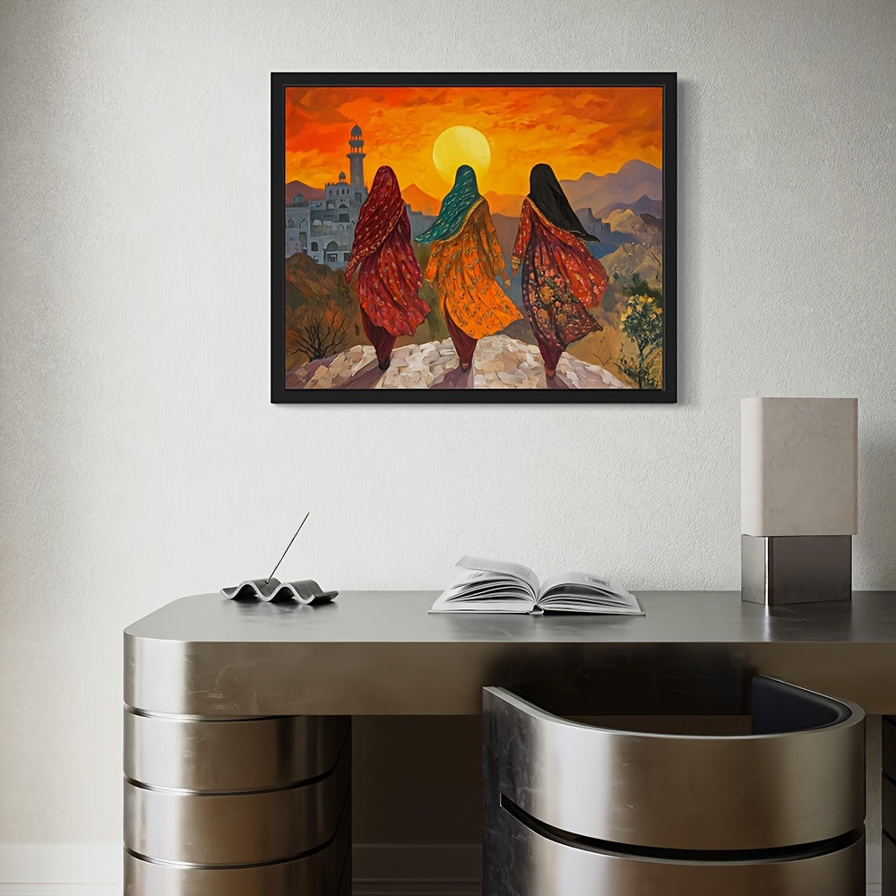 1pc Frameless Pakistan Poster Art Print - Middle Eastern Wall Art Painting with Vibrant Sunset Mountain Landscape, Traditional Women & Islamic Architecture, Cultural Home Decor for Bedroom, Living Room, Office, Islamic Home D