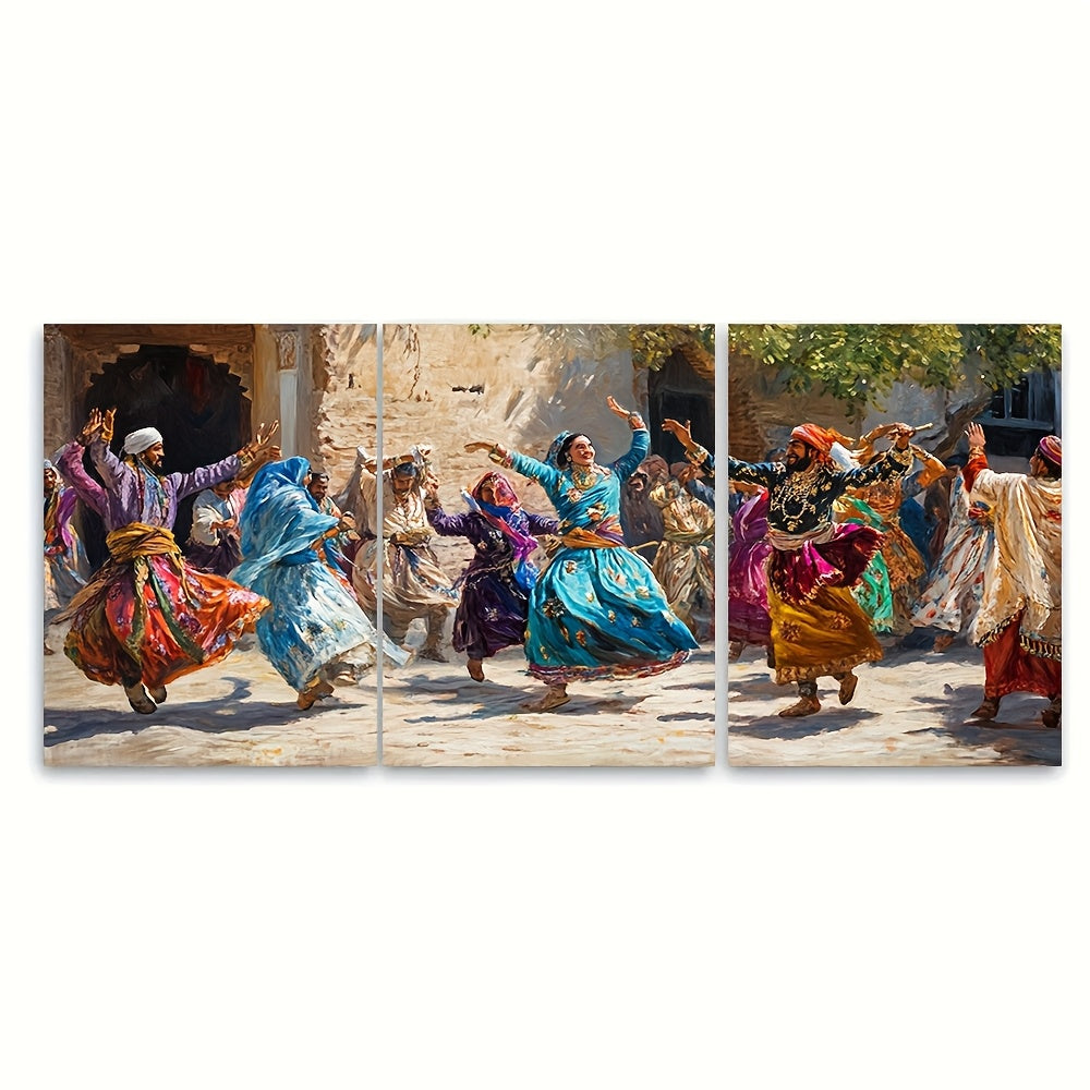 3pcs Framed Wall Art - Pakistani Attan Dance Scene, Traditional Pashtun Dress, Vibrant Tribal Heritage Print, Wooden Frame, 40.64x60.96cm, Ideal for Home & Office Decor, Office Wall Art | Cultural Wall Art | Wooden Frame Art,