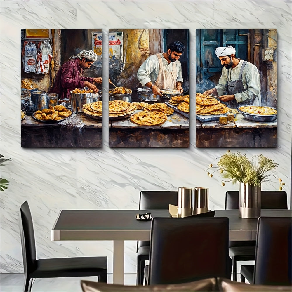 3pcs Framed Canvas Wall Art - Pakistani Breakfast in Karachi, Parathas & Quaide Azam View, Cultural Print, 40.64x60.96cm, Wooden Frame, 2D Flat Design, Perfect for Home or Office Decor, Office Wall Decor | Cultural Artwork |