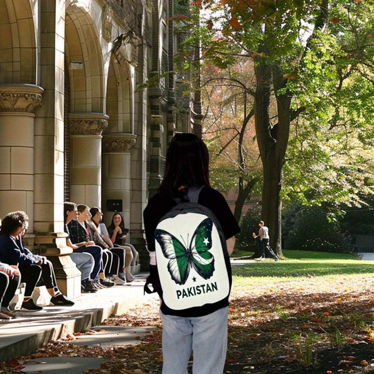 1pc Pakistani Wings Backpack - Lightweight Polyester, Adjustable Strap, Zipper Closure, Machine Washable - Stylish Green & White Butterfly Design with "PAKISTAN" Print, Ideal for School, Travel, or Everyday Use, Everyday Back