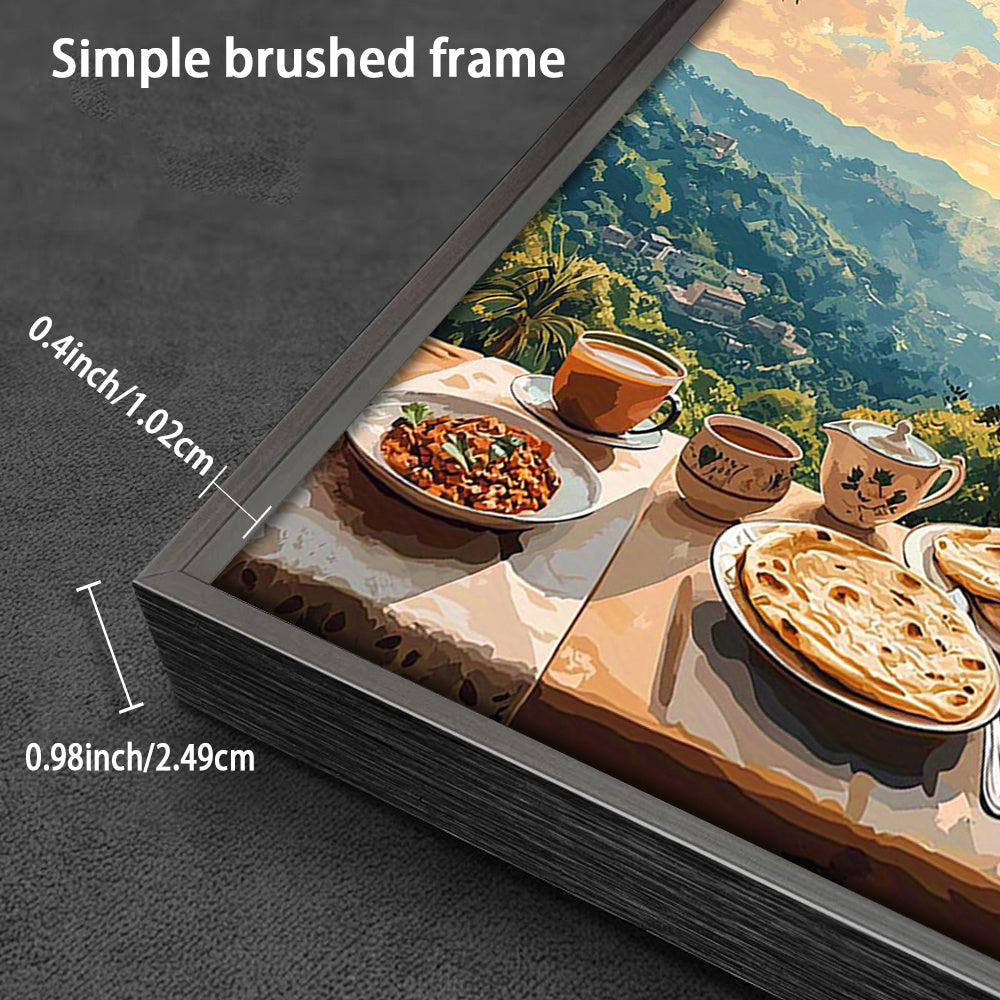 [Home Relaxation] Serene Pakistani Breakfast Scene Canvas Wall Art Print – Margalla Hill, Nihari, Parathas Chai, and Serene Landscape for Living Room, Bedroom, or Office Decor, 2D, Perfect for Room Decor
