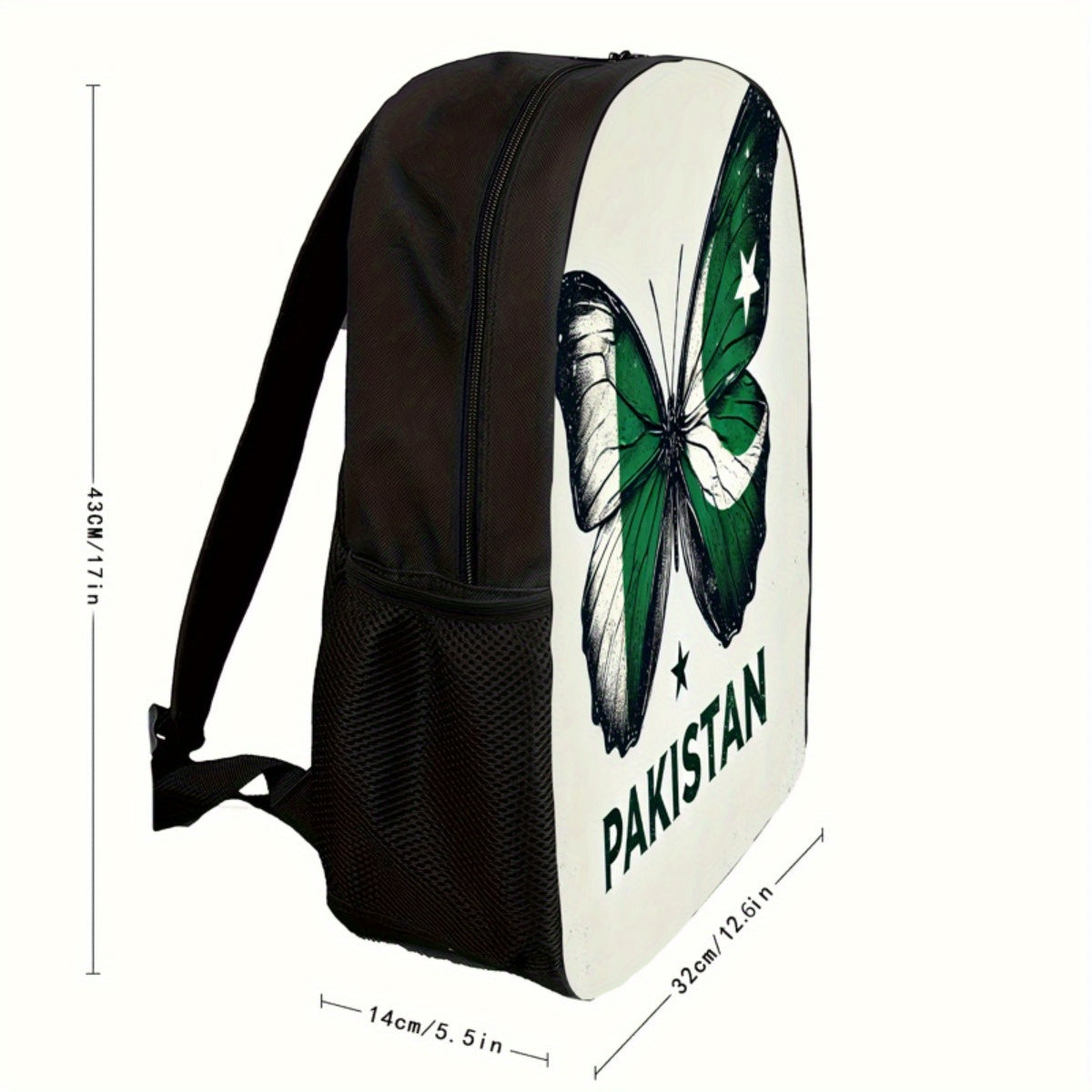 1pc Pakistani Wings Backpack - Lightweight Polyester, Adjustable Strap, Zipper Closure, Machine Washable - Stylish Green & White Butterfly Design with "PAKISTAN" Print, Ideal for School, Travel, or Everyday Use, Everyday Back