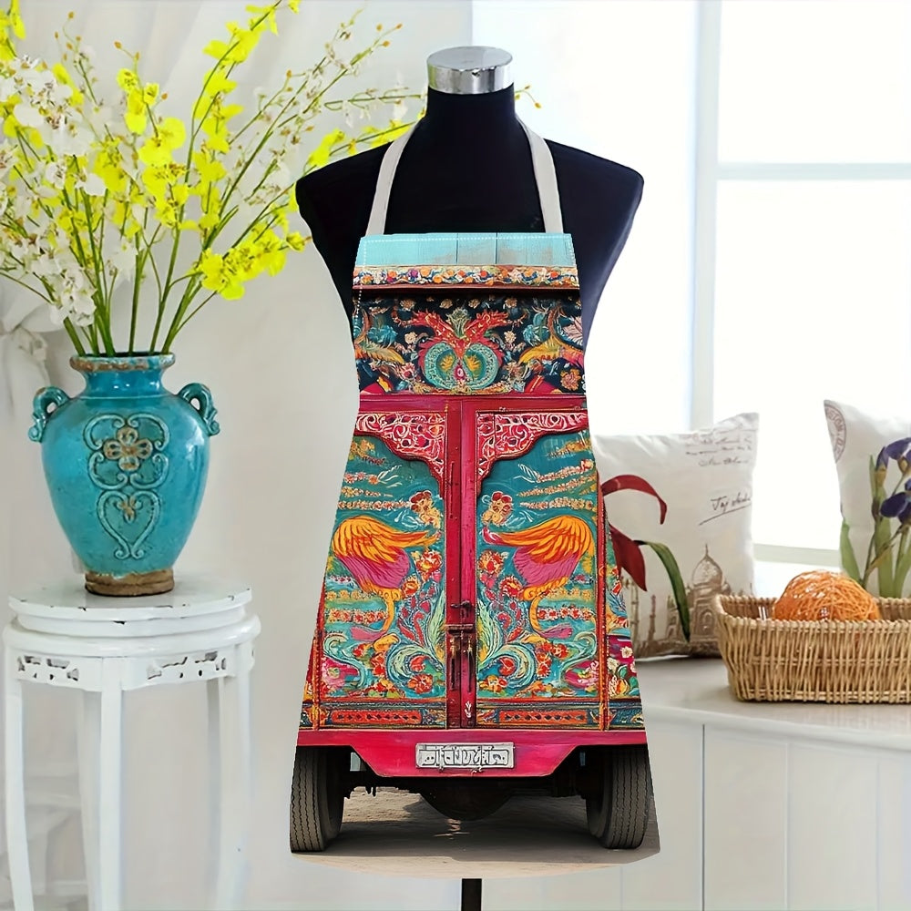 1pc stylish durable print apron, Pakistani Truck Art Inspired Design apron, gardening cooking chef apron, 54.99x68.0cm, for BBQ Kitchen Cooking Baking Crafting Restaurant YAWQ2583