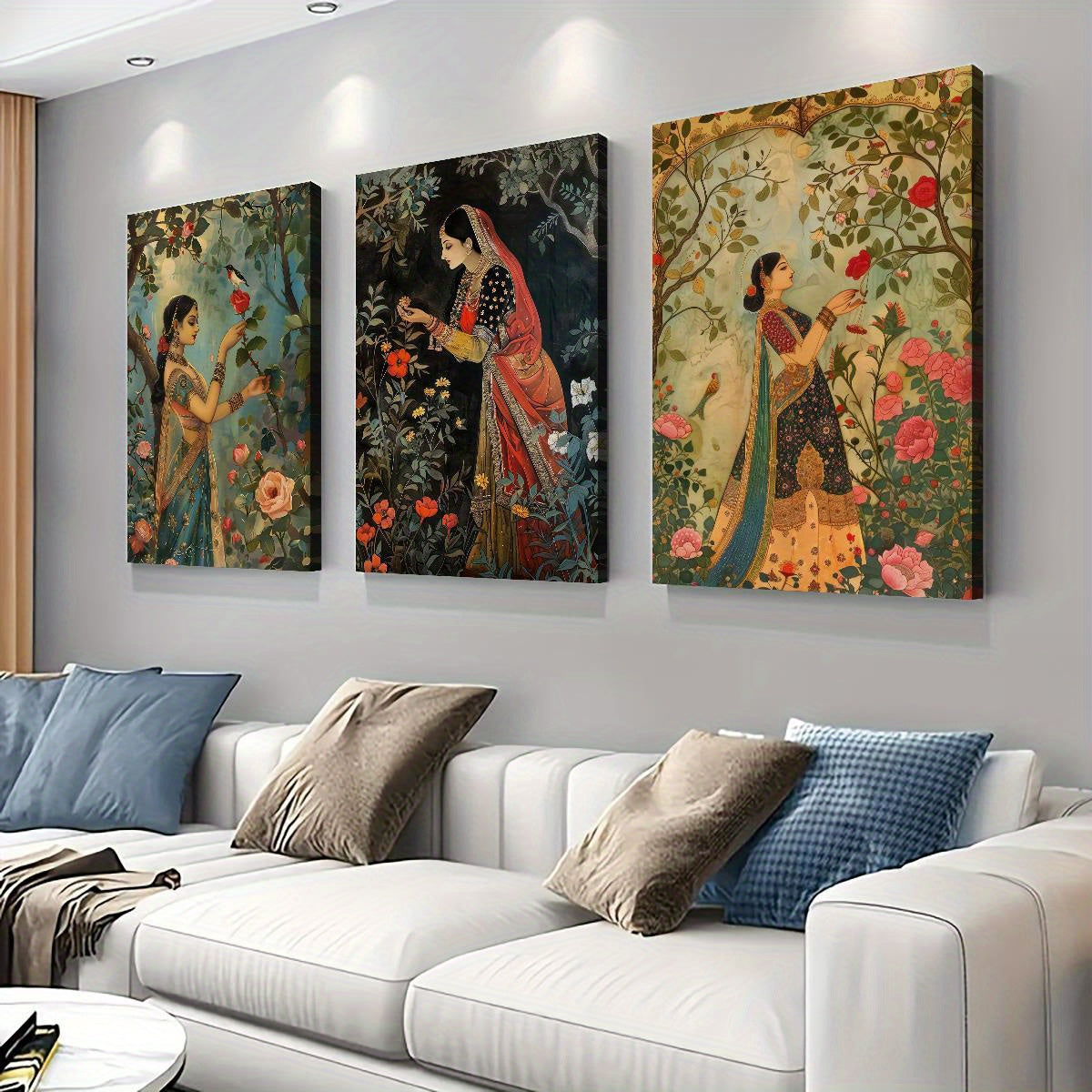 3pcs Mughal-Style Indian & Pakistani Traditional Art Prints - Regenerated Wood Framed Waterproof Canvas Wall Art, Vibrant Garden Scenes with Women, Cultural Home Decor for Bedroom, Living Room, Dorm - Unique Gift Idea, Indian