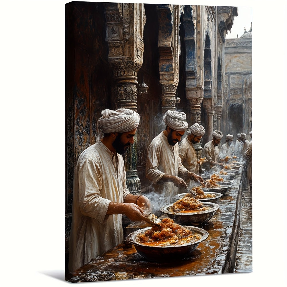 1pc Wall Art 30.48x40.64 cm - "Siri Paya Breakfast at Multan & Shah RukneAlam Cemetery Scene" Pakistani Culture Artwork, Traditional Food Preparation and Historical Architecture Canvas Print with Natural Wood Frame, Vivid Sou