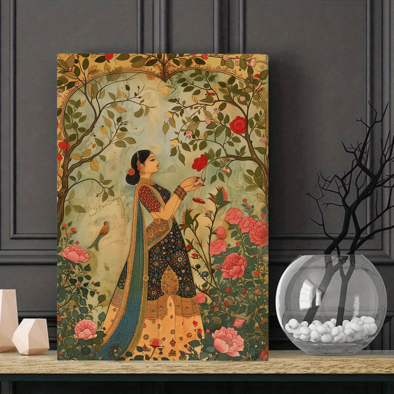 Elegant Lady in the Garden - Traditional Indian & Pakistani Art, Wooden Framed Canvas Print, 29.97x39.88 cm, Vibrant Floral Design, Perfect for Home Decor, Weddings, Graduations, and More, Home Decor Art | Traditional Indian