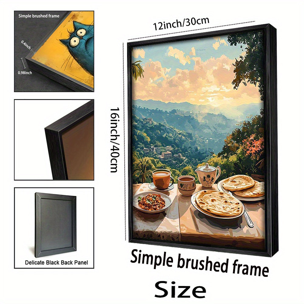 [Home Relaxation] Serene Pakistani Breakfast Scene Canvas Wall Art Print – Margalla Hill, Nihari, Parathas Chai, and Serene Landscape for Living Room, Bedroom, or Office Decor, 2D, Perfect for Room Decor