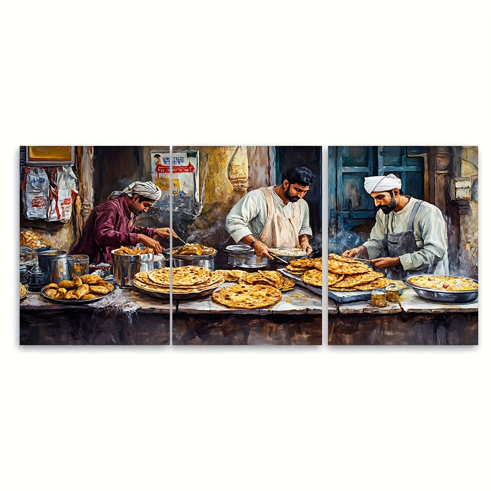3pcs Framed Canvas Wall Art - Pakistani Breakfast in Karachi, Parathas & Quaide Azam View, Cultural Print, 40.64x60.96cm, Wooden Frame, 2D Flat Design, Perfect for Home or Office Decor, Office Wall Decor | Cultural Artwork |