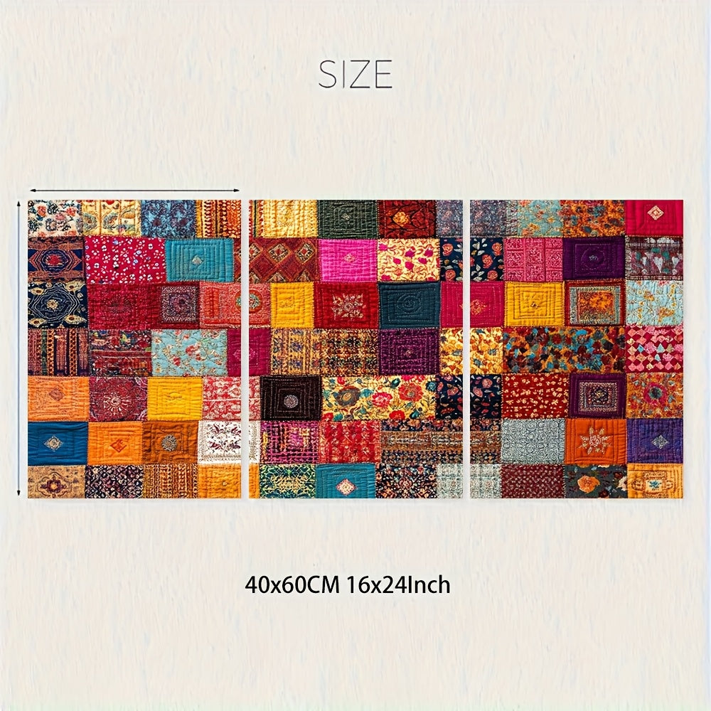 3pcs, Framed wall art - 40.64x60.96cm, Pakistani Rilli Quilt Art Print, Bold Patchwork Poster, Traditional Heritage Decor