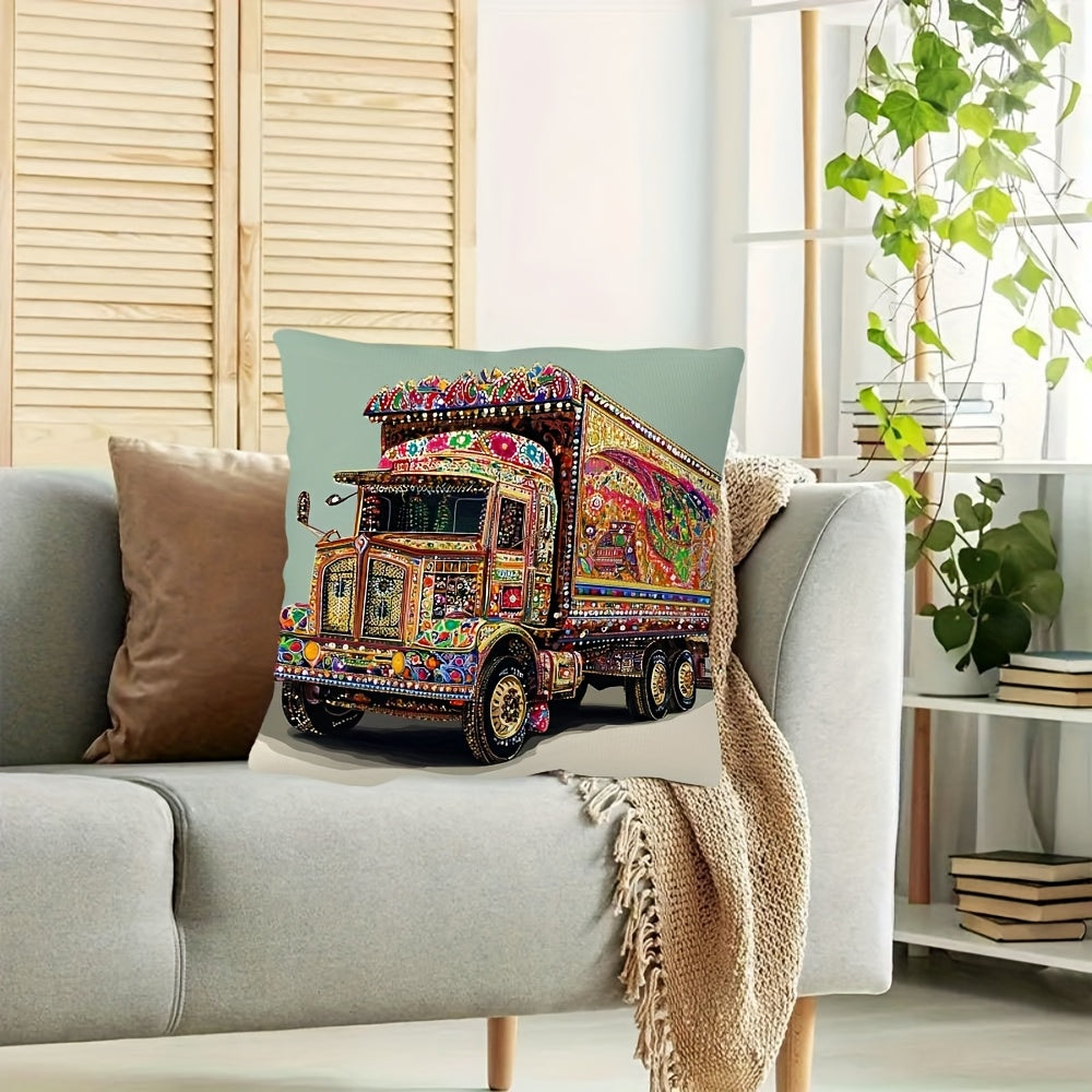 1pc Pakistani Truck Art Throw Pillow Cover - 45.72x45.72 cm Traditional South Asian Design, Vibrant Colors, Zipper Closure, Hand Wash Only, Short Plush Decorative Pillow Case for Sofa Living Room Bedroom Office Decor (No Inse