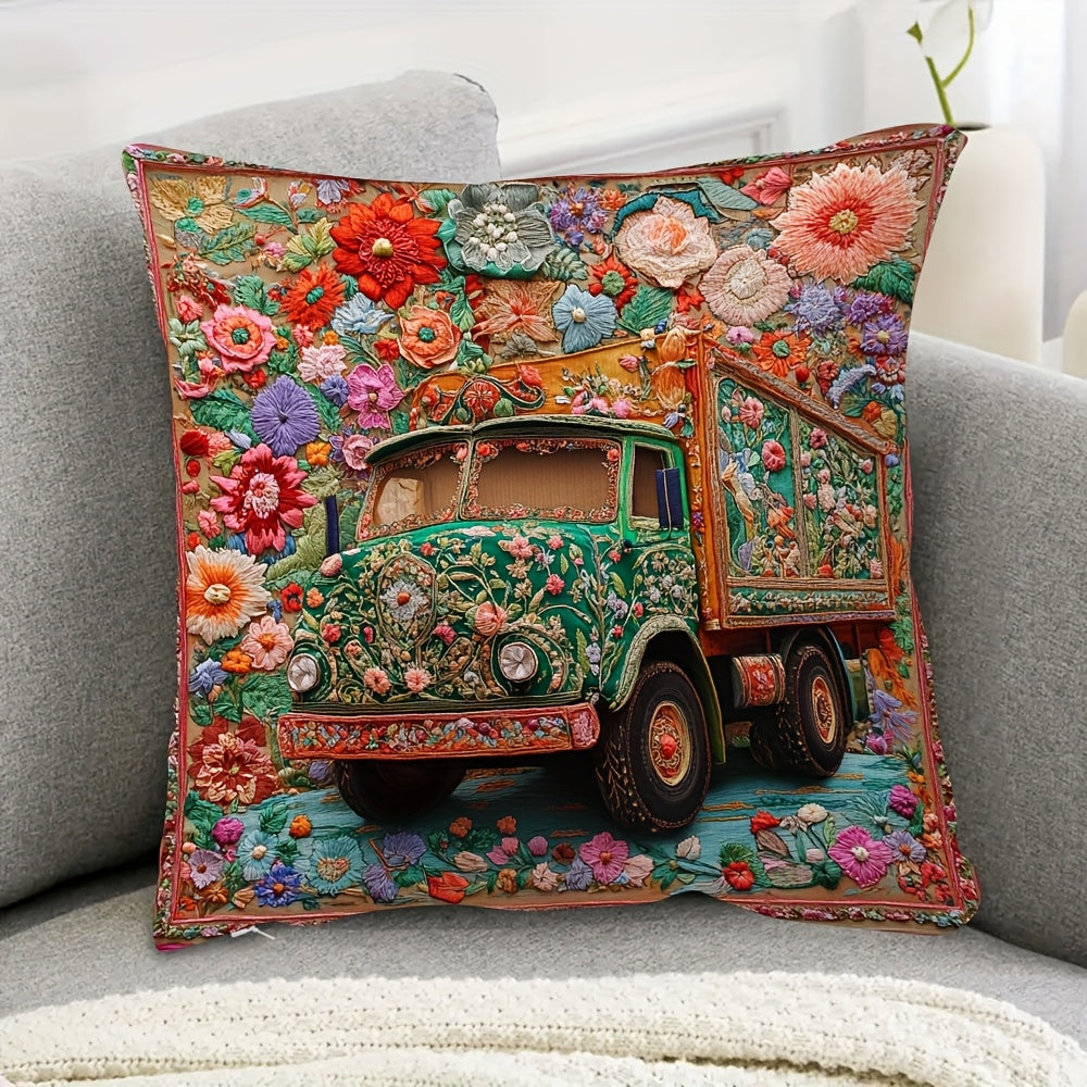 1pc Vibrant Pakistani Truck Art Floral Spring 3D Embroidery Pillow Cover, 45.72x45.72 cm - Double-Sided Print, Zipper Closure, Machine Washable Polyester, Ideal for Living Room Decor, Decorative Pillows