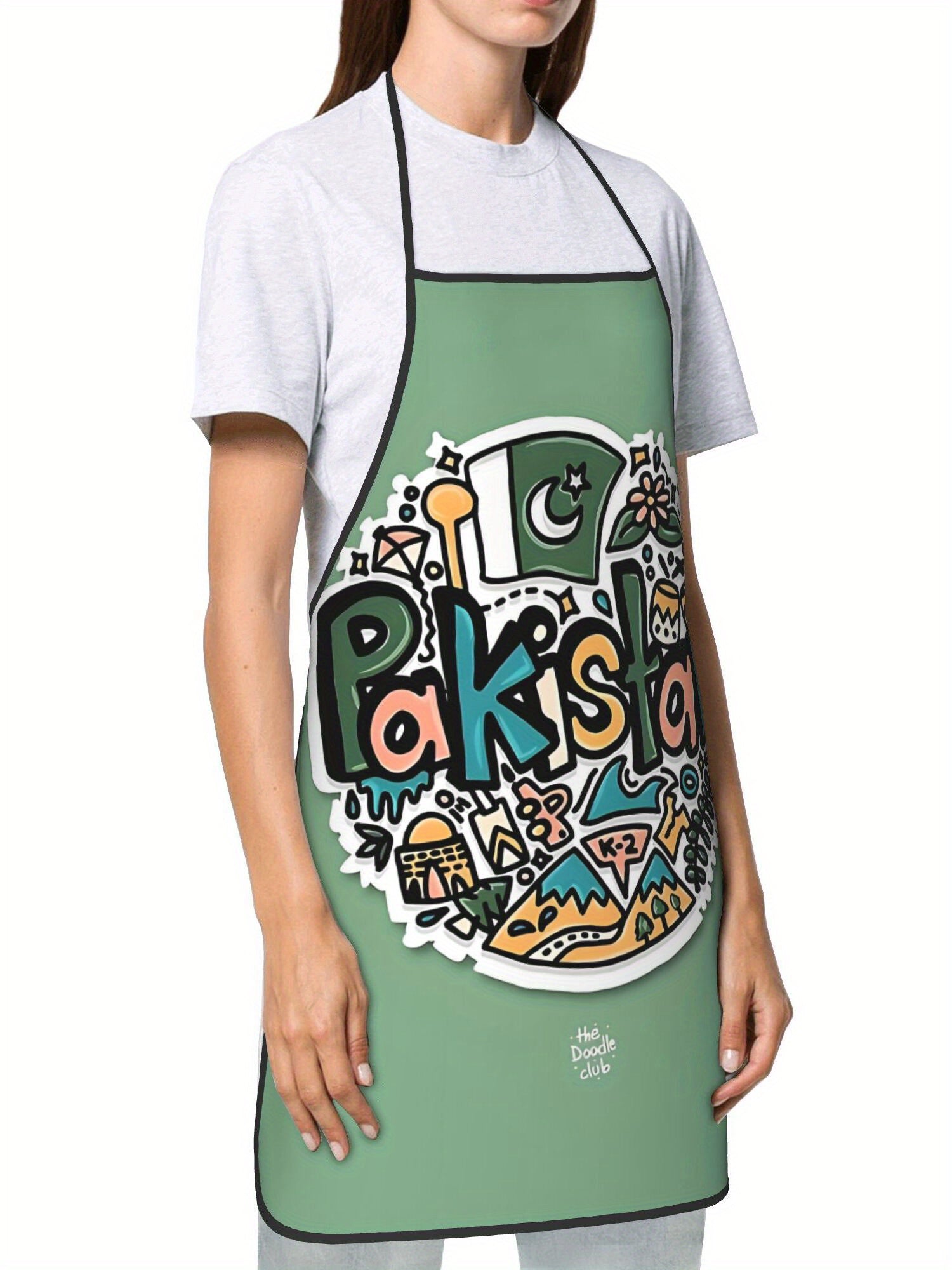 Pakistan-Themed Adjustable Cooking Apron - Retro Style Vibrant Green with Cultural Print (Crescent Moon, Stars, Mountains, Mushrooms) - Unisex Kitchen Apron for Home Cooks & Pakistani Cuisine Enthusiasts, Culinary Attire, Tra