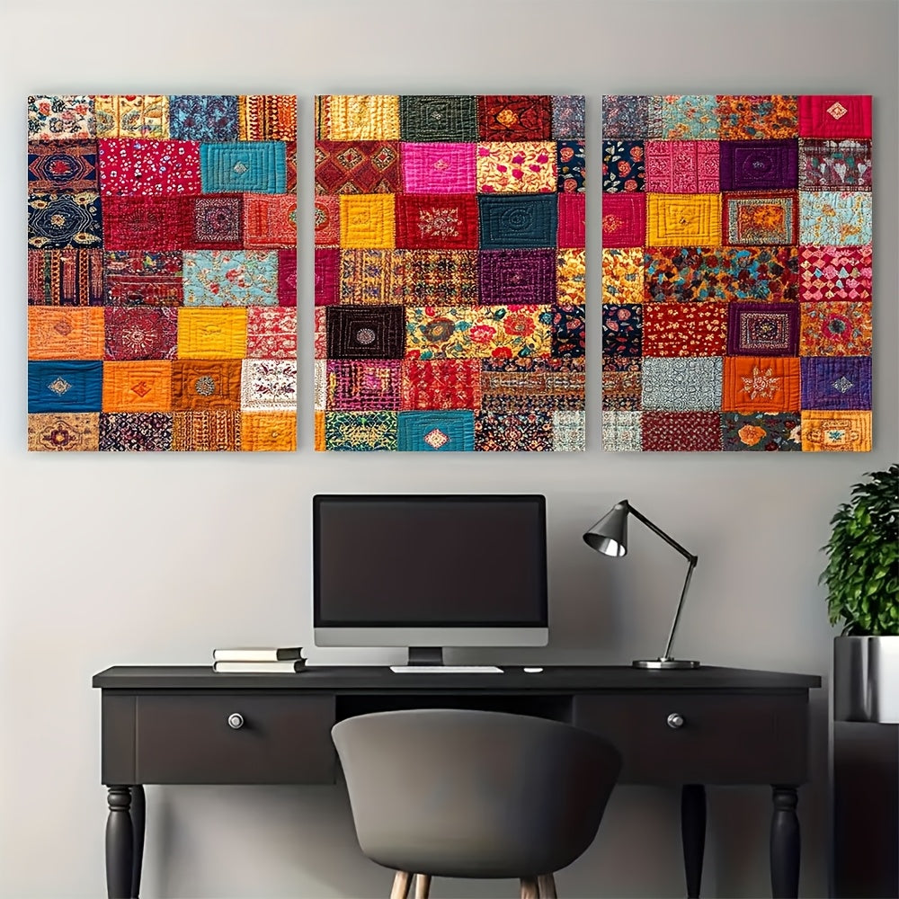 3pcs, Framed wall art - 40.64x60.96cm, Pakistani Rilli Quilt Art Print, Bold Patchwork Poster, Traditional Heritage Decor