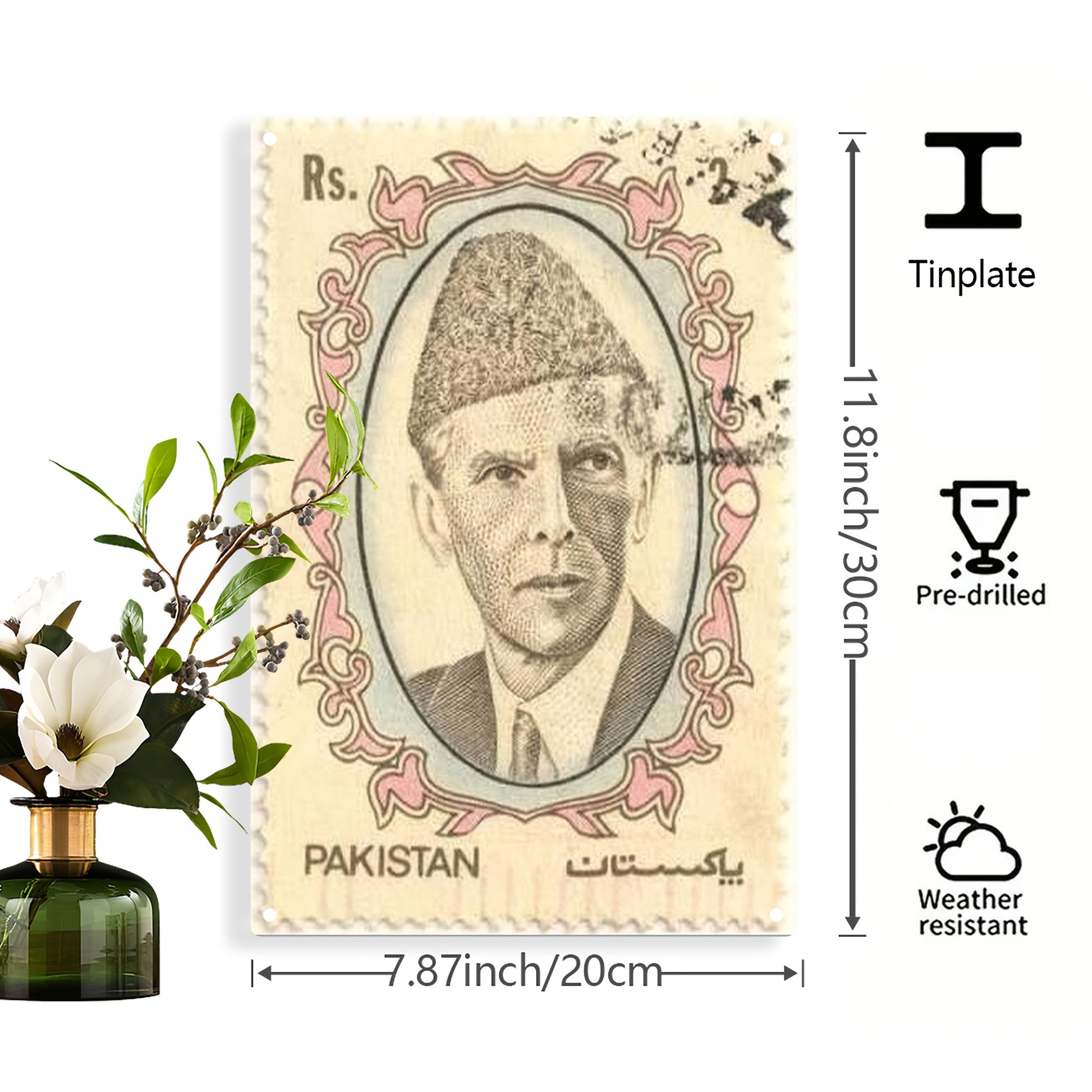2D Flat, 1pc Jinnah Stamp Tinplate Metal Plaque - Vintage Pakistan Quaid-e-Azam Wall Art, Weather-Resistant Iron Hanging Decor with Pre-Drilled Holes, 19.99x29.97 cm Indoor/Outdoor Decoration for Home, Garden, Courtyard & Hol