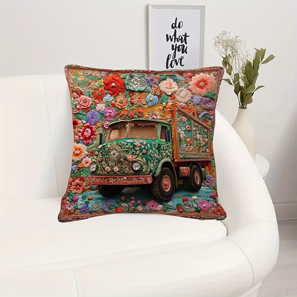 1pc Vibrant Pakistani Truck Art Floral Spring 3D Embroidery Pillow Cover, 45.72x45.72 cm - Double-Sided Print, Zipper Closure, Machine Washable Polyester, Ideal for Living Room Decor, Decorative Pillows