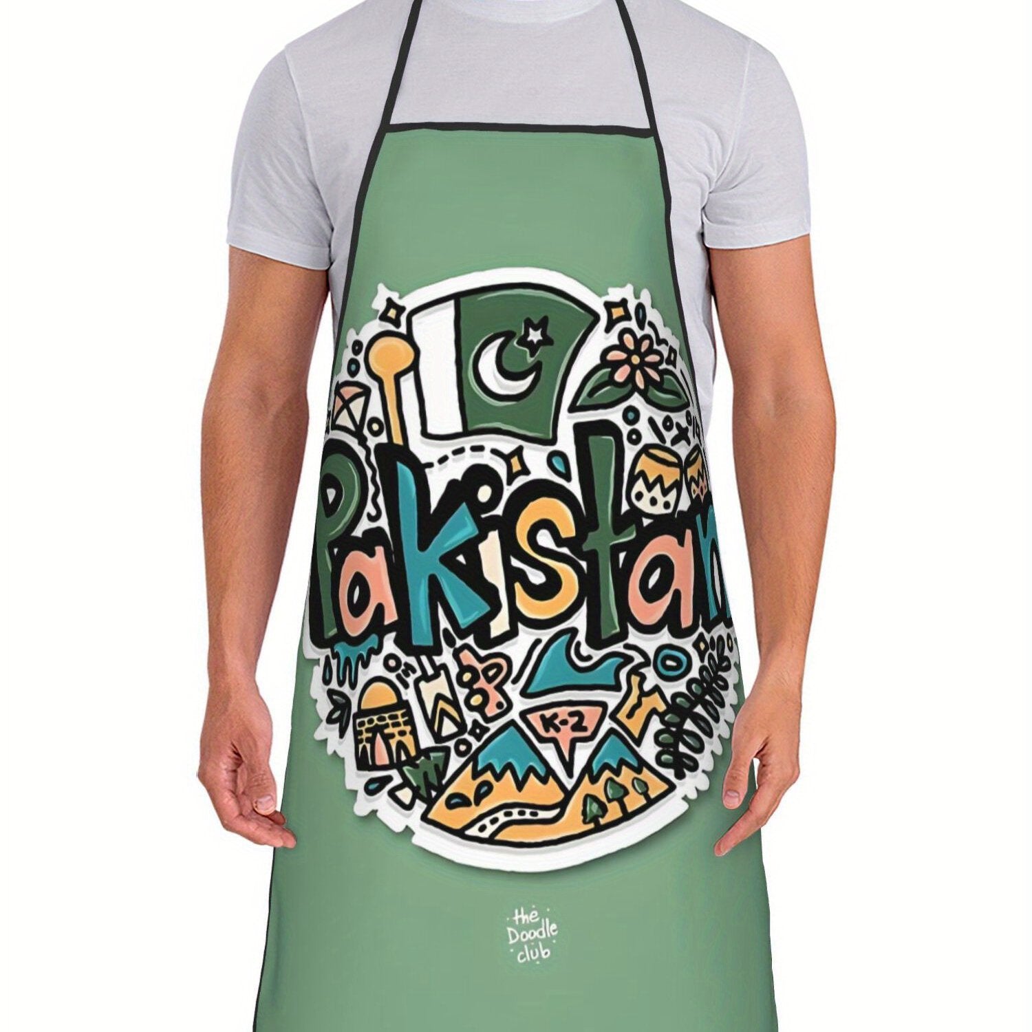Pakistan-Themed Adjustable Cooking Apron - Retro Style Vibrant Green with Cultural Print (Crescent Moon, Stars, Mountains, Mushrooms) - Unisex Kitchen Apron for Home Cooks & Pakistani Cuisine Enthusiasts, Culinary Attire, Tra