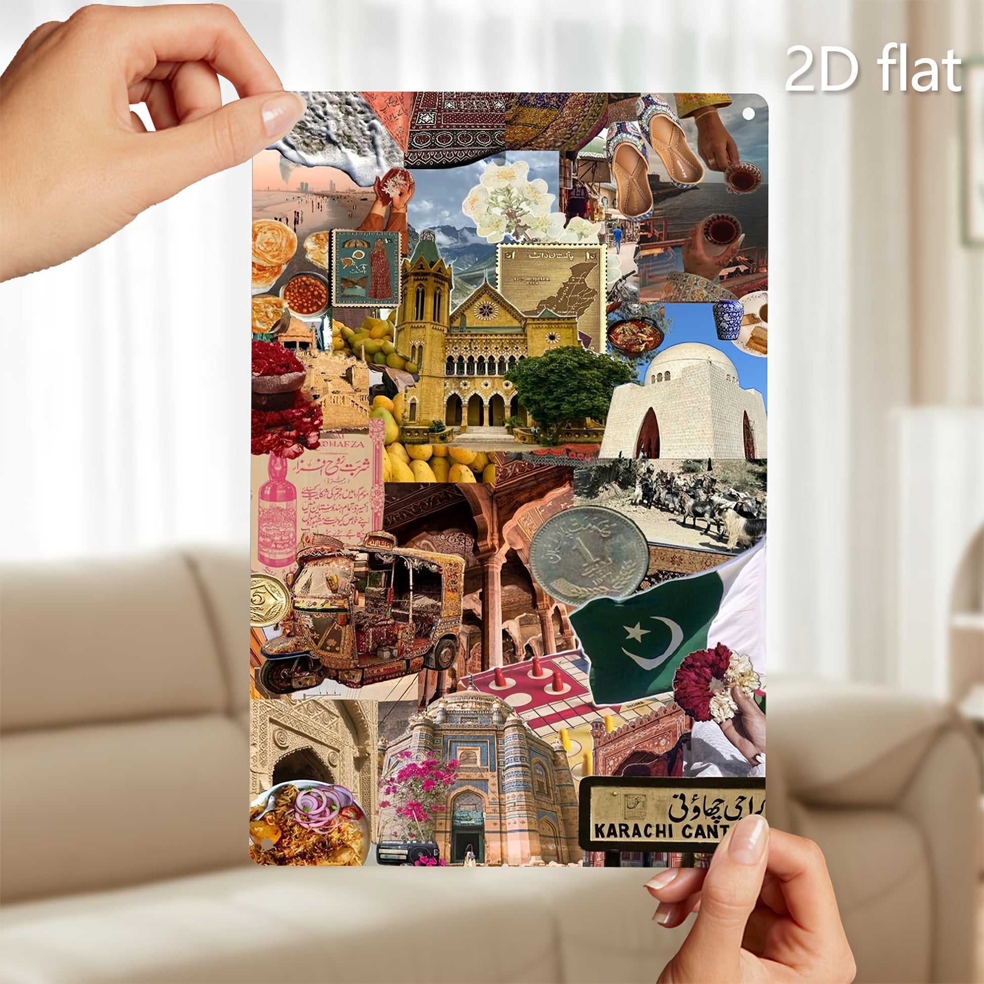 2D Flat, 1pc Karachi Mosaic Collage Metal Wall Art - Pakistani Cultural Decor with Mohanjodaro, Sindhi Architecture - Large 7.87x11.8 Inch (20x30cm) Weatherproof Tinplate Plaque for Living Room, Garden, Office - Pre-Drilled H