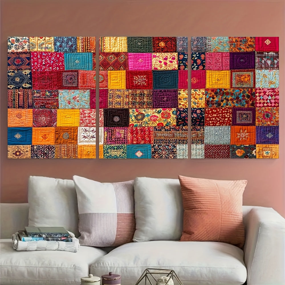 3pcs, Framed wall art - 40.64x60.96cm, Pakistani Rilli Quilt Art Print, Bold Patchwork Poster, Traditional Heritage Decor