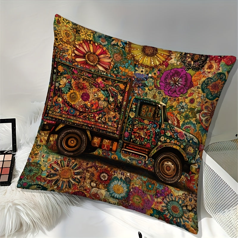1pc Contemporary Pakistani Folk Art Truck Design Throw Pillow Cover, 45.72x45.72 cm, Machine Washable, Zipper Closure, Woven Polyester, Decorative Cushion Case for Sofa, Living Room, Bedroom, Office - No Insert