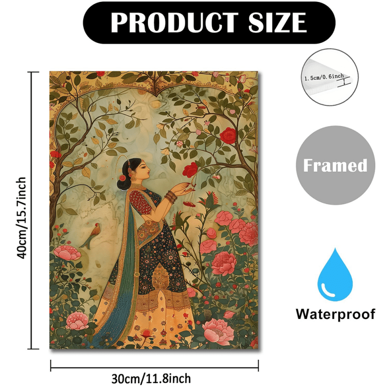 Elegant Lady in the Garden - Traditional Indian & Pakistani Art, Wooden Framed Canvas Print, 29.97x39.88 cm, Vibrant Floral Design, Perfect for Home Decor, Weddings, Graduations, and More, Home Decor Art | Traditional Indian