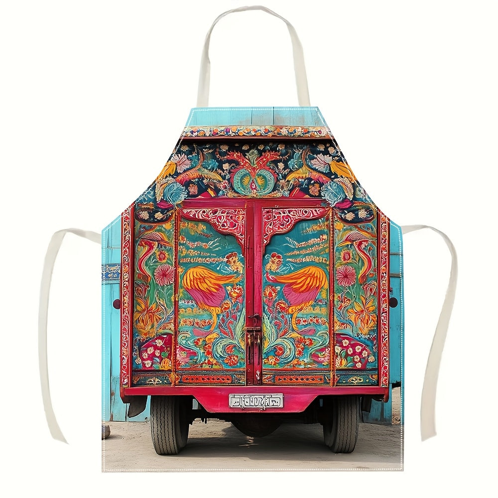 1pc stylish durable print apron, Pakistani Truck Art Inspired Design apron, gardening cooking chef apron, 54.99x68.0cm, for BBQ Kitchen Cooking Baking Crafting Restaurant YAWQ2583