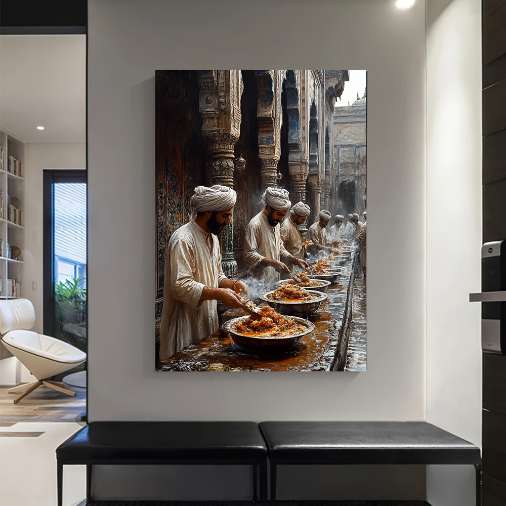 1pc Wall Art 30.48x40.64 cm - "Siri Paya Breakfast at Multan & Shah RukneAlam Cemetery Scene" Pakistani Culture Artwork, Traditional Food Preparation and Historical Architecture Canvas Print with Natural Wood Frame, Vivid Sou