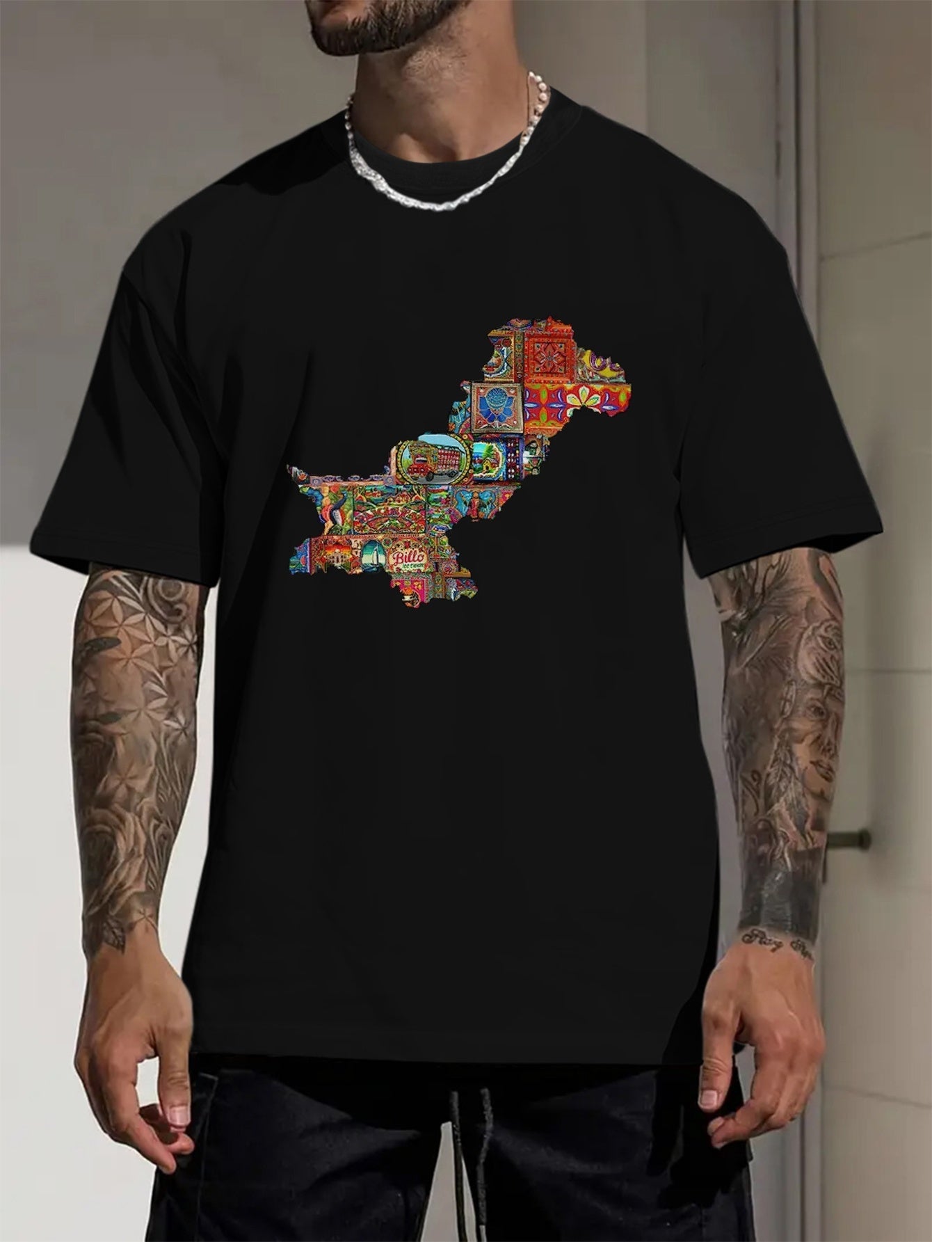 Men's Pakistan Map Print Short Sleeve T-Shirt - Vibrant Blue Casual Summer Tee with Cultural Artwork, Breathable Round Neck Top for Outdoor Activities & Daily Wear, Vibrant Graphic Shirt, Digital Print Shirt