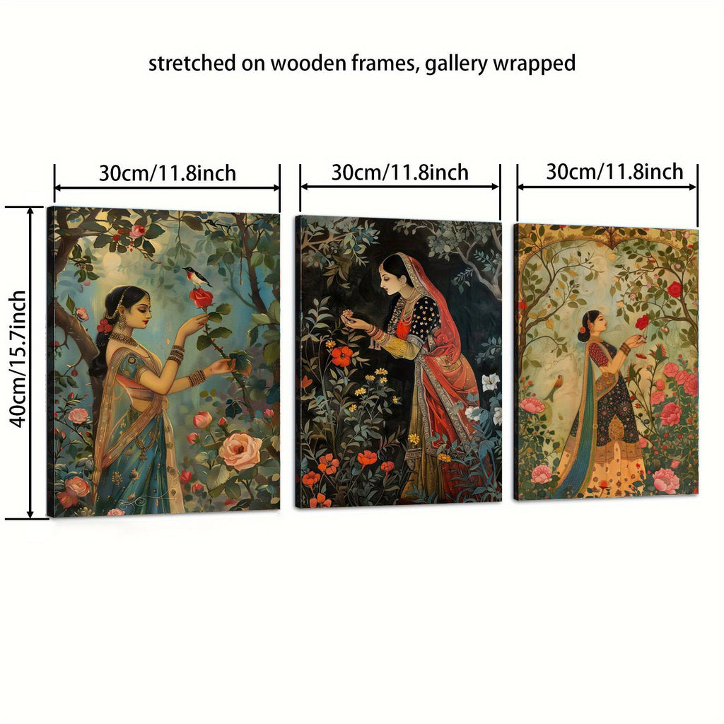 3pcs Mughal-Style Indian & Pakistani Traditional Art Prints - Regenerated Wood Framed Waterproof Canvas Wall Art, Vibrant Garden Scenes with Women, Cultural Home Decor for Bedroom, Living Room, Dorm - Unique Gift Idea, Indian