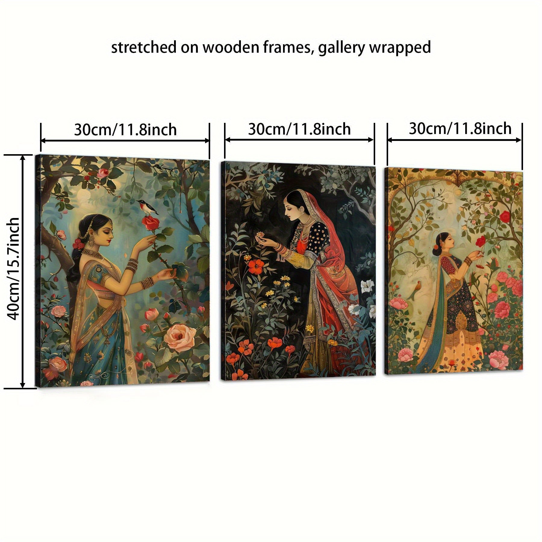 3pcs Mughal-Style Indian & Pakistani Traditional Art Prints - Regenerated Wood Framed Waterproof Canvas Wall Art, Vibrant Garden Scenes with Women, Cultural Home Decor for Bedroom, Living Room, Dorm - Unique Gift Idea, Indian