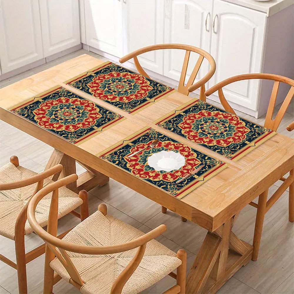 4pcs Traditional Pakistani Islamic Manuscript Design Linen Placemats, Rectangular Woven Table Mats, Decorative Medallion Pattern, Hand Wash Only, 30.48x45.72 cm - ZJPUI2AI0311