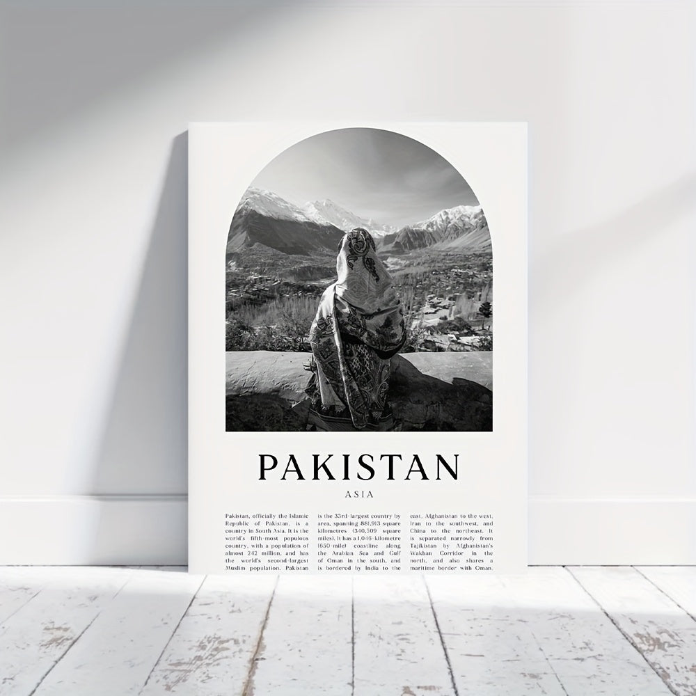 1pc Framed Pakistan Wall Art Print - Black & White Mountain Landscape with Traditional Woman, 29.97x39.88 cm Canvas Poster, Cultural Home Decor for Living Room, Office, or Classroom, Office Decoration, Minimalist Design, 2D F