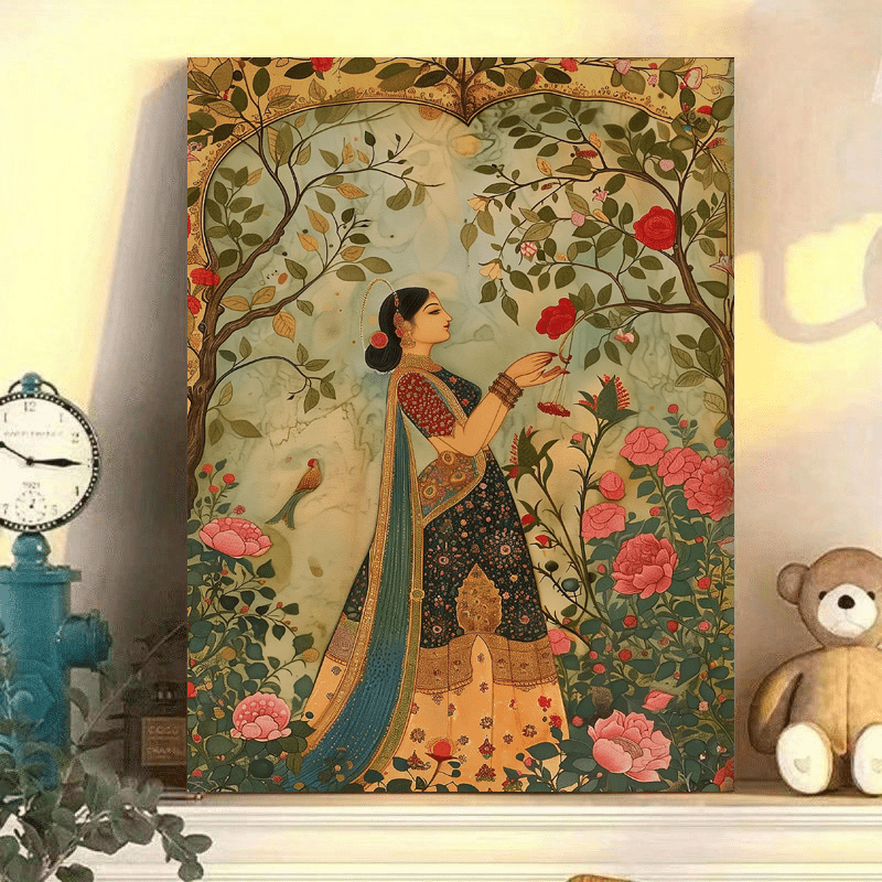 Elegant Lady in the Garden - Traditional Indian & Pakistani Art, Wooden Framed Canvas Print, 29.97x39.88 cm, Vibrant Floral Design, Perfect for Home Decor, Weddings, Graduations, and More, Home Decor Art | Traditional Indian
