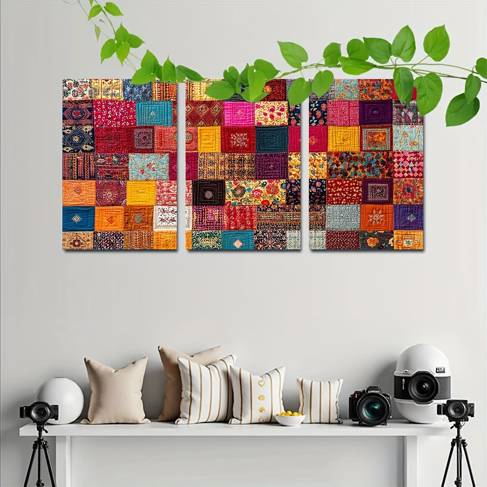 3pcs, Framed wall art - 40.64x60.96cm, Pakistani Rilli Quilt Art Print, Bold Patchwork Poster, Traditional Heritage Decor