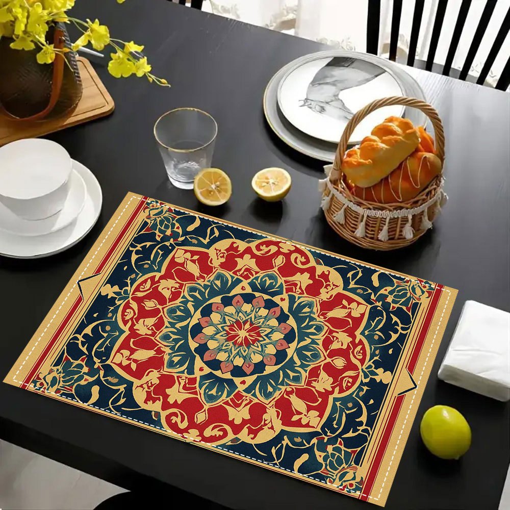 4pcs Traditional Pakistani Islamic Manuscript Design Linen Placemats, Rectangular Woven Table Mats, Decorative Medallion Pattern, Hand Wash Only, 30.48x45.72 cm - ZJPUI2AI0311