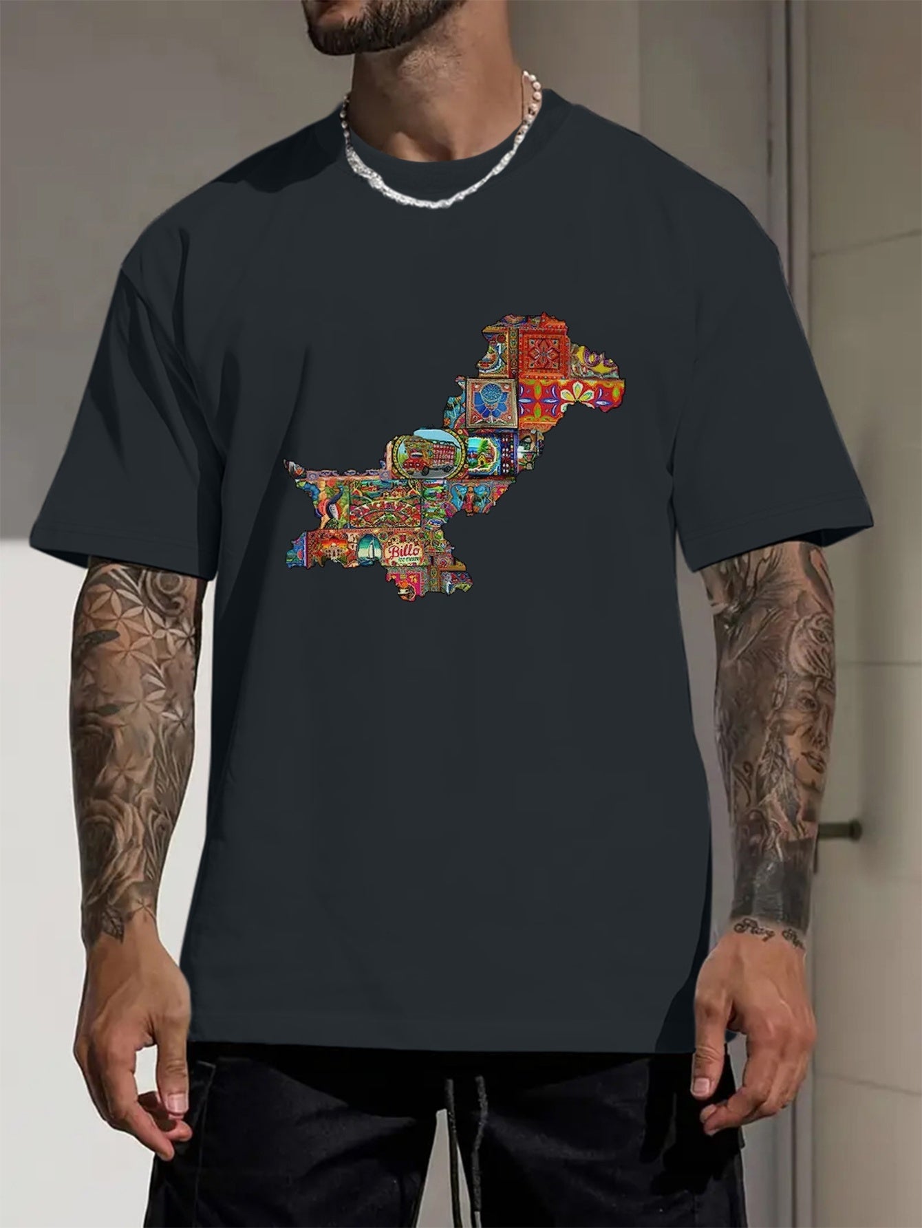 Men's Pakistan Map Print Short Sleeve T-Shirt - Vibrant Blue Casual Summer Tee with Cultural Artwork, Breathable Round Neck Top for Outdoor Activities & Daily Wear, Vibrant Graphic Shirt, Digital Print Shirt