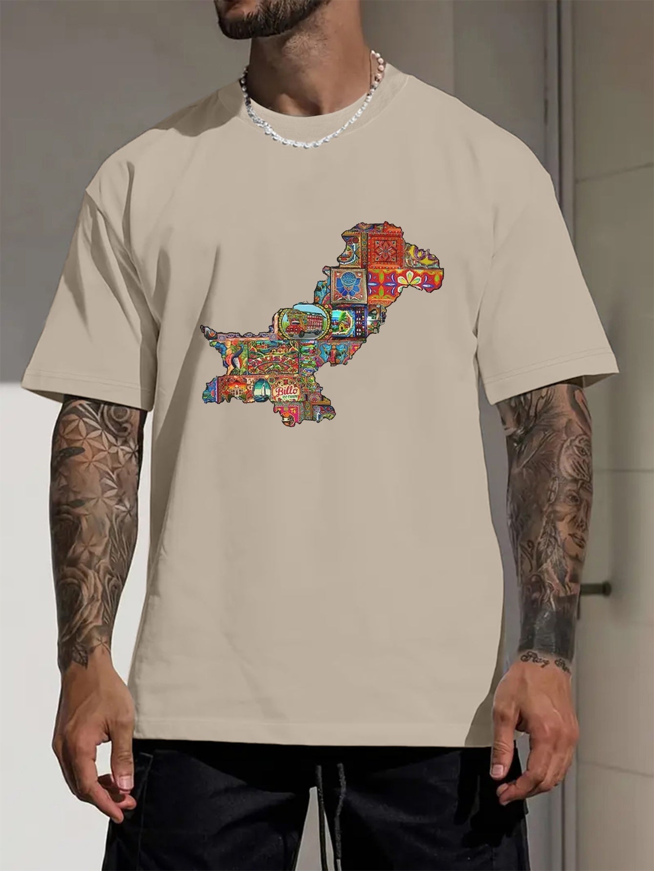 Men's Pakistan Map Print Short Sleeve T-Shirt - Vibrant Blue Casual Summer Tee with Cultural Artwork, Breathable Round Neck Top for Outdoor Activities & Daily Wear, Vibrant Graphic Shirt, Digital Print Shirt