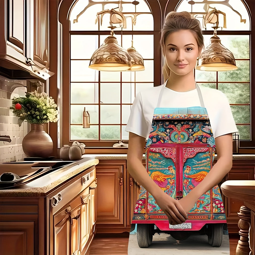 1pc stylish durable print apron, Pakistani Truck Art Inspired Design apron, gardening cooking chef apron, 54.99x68.0cm, for BBQ Kitchen Cooking Baking Crafting Restaurant YAWQ2583