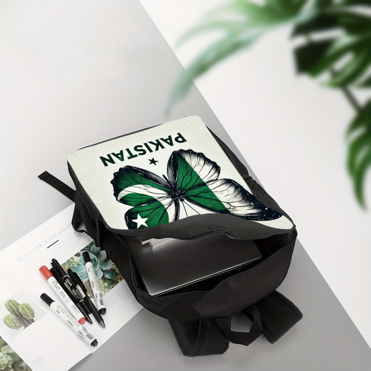 1pc Pakistani Wings Backpack - Lightweight Polyester, Adjustable Strap, Zipper Closure, Machine Washable - Stylish Green & White Butterfly Design with "PAKISTAN" Print, Ideal for School, Travel, or Everyday Use, Everyday Back