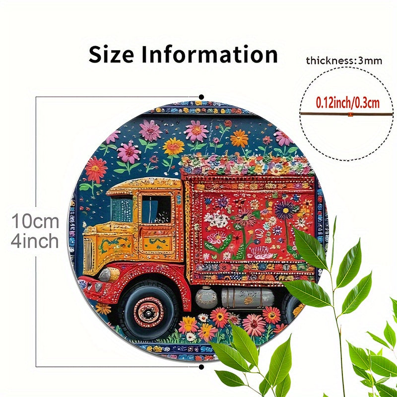 6pcs Round Wooden Coasters - Vibrant Pakistan Truck Art Floral Design, 4-Inch 2D Flat Coffee & Hot Drink Mats, Hand Washable, Durable Composite Wood for All Seasons, Perfect for Thanksgivin